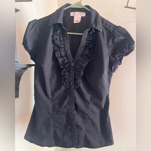 No Boundaries Black Ruffle Front Button-Down Top